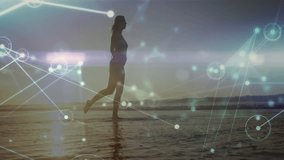Silhouette woman running along wet sand at sunrise initiating glowing data nodes for fitness tech. Silhouette, beach, sunrise, digital, glow, ocean, athletic - Powered by Shutterstock - Get 15% off with code: PIKWIZARD15