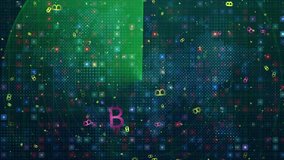 Cryptocurrency tracking radar animation with floating Bitcoin symbols - financial surveillance, investments or opportunities, monitoring transactions with digital world map background - Powered by Shutterstock - Get 15% off with code: PIKWIZARD15