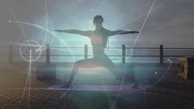 Woman stepping onto purple mat, flowing into warrior II for yoga practice, showing holographic HUD. Meditation, wellness, serenity, digital, futuristic, outdoor, empowerment - Powered by Shutterstock - Get 15% off with code: PIKWIZARD15