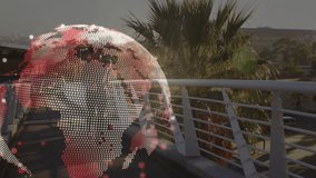 Digital globe materializing revealing male runner jogging pedestrian bridge for fitness technology. Futuristic, athletic, urban, motion, technology, wellness, lifestyle - Powered by Shutterstock - Get 15% off with code: PIKWIZARD15