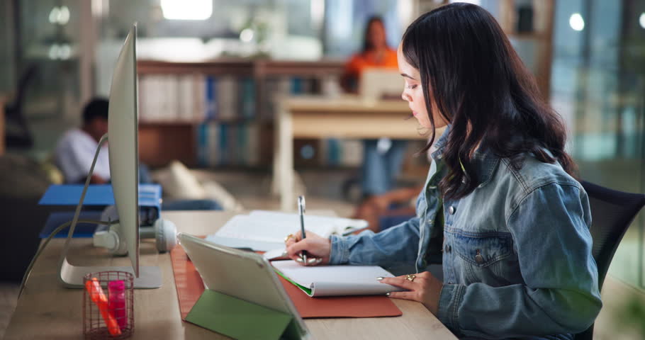 School, library and woman on computer with books for online research, studying and learning. University, college and person on pc for project, assignment and notes for education, exam and test