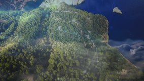 Camera panning over pine peninsula while digital network nodes pulsing, visualizing data mapping. Nature, coastline, digital, connectivity, data, technology, landscape - Powered by Shutterstock - Get 15% off with code: PIKWIZARD15