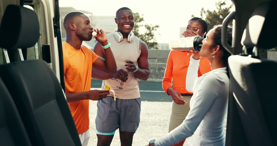 Friends, runner and road for rest, water and fruit for nutrition, talk and check smart watch by car. People, group and discussion with break, drinks or diet for training by vehicle with stats in city