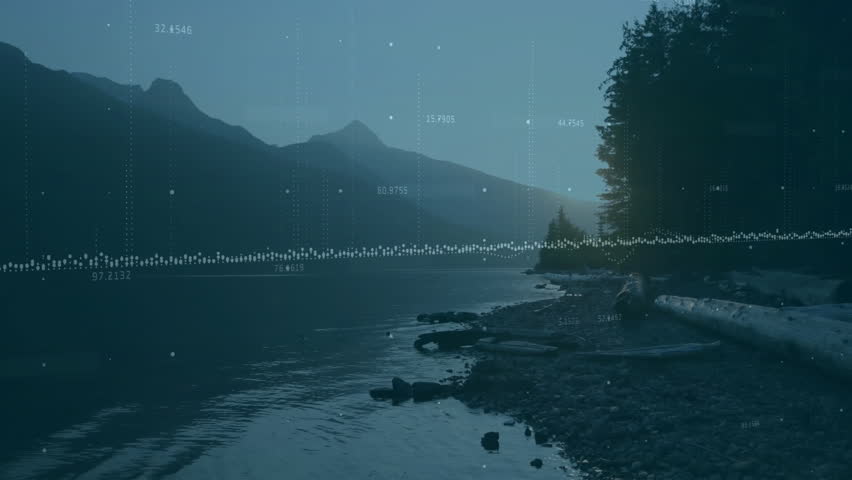 Dawn initiating waveform overlay pulsing data points, sun cresting horizon illuminating lakeshore. Nature, serenity, data visualization, tranquil, landscape, technology, dawn