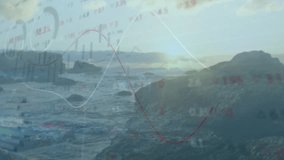 Sun descending over rocky inlet starting overlays scrolling waveform arcing graph showing metrics. Coastal, visualization, analytics, ocean, tide, data, environment - Powered by Shutterstock - Get 15% off with code: PIKWIZARD15