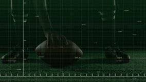 player hand gripping football on turf, initiating green graph tracking sports performance. Sports analytics, player equipment, motion tracking, performance metrics, training technology, athletic - Powered by Shutterstock - Get 15% off with code: PIKWIZARD15