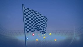 Breeze lifting checkered flag while emojis pulse upward showing reactions under stadium lights. Stadium, motion, celebration, dynamic, entertainment, vibrant, abstract - Powered by Shutterstock - Get 15% off with code: PIKWIZARD15