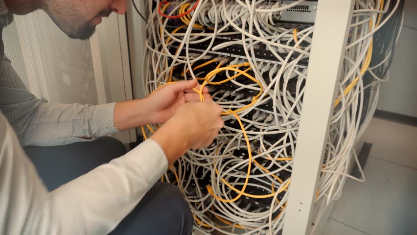 IT technician working with tangled network cables in a server rack. data center maintenance, internet infrastructure, and complex cable management problems in modern technology. digital support repair - Powered by Shutterstock - Get 15% off with code: PIKWIZARD15