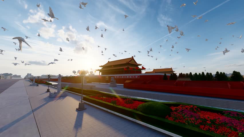Peace doves fly over Tiananmen Square in Beijing