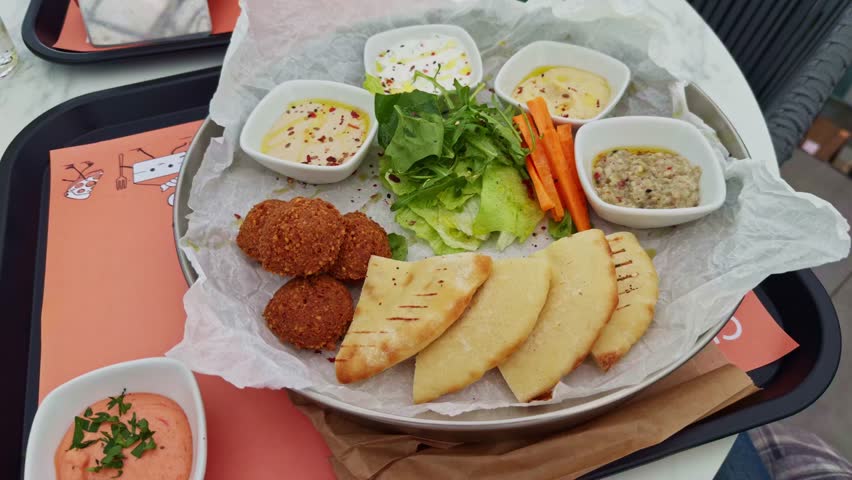 Colorful Mediterranean mezze platter with falafel, pita bread, fresh vegetables, and assorted dips including hummus and tzatziki, served  parchment paper on a restaurant table. Healthy vegetarian meal