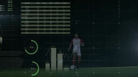 Soccer player in white kit shifting while blue opponent tackling with digital gauges updating. Athletic, competitive, futuristic, strategic, agility, performance, sportswear - Powered by Shutterstock - Get 15% off with code: PIKWIZARD15