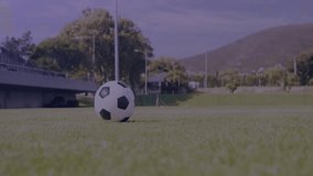 Female soccer player's leg swinging and kicking ball while neon stats updating for sports analytics. Athletic, motion, tech, fitness, outdoor, competition, energy - Powered by Shutterstock - Get 15% off with code: PIKWIZARD15