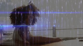 Glitch overlay gliding across ocean horizon causing woman leaning smiling waving in technology. Seascape, serenity, digital art, melancholy, solitude, tranquility, sunset - Powered by Shutterstock - Get 15% off with code: PIKWIZARD15