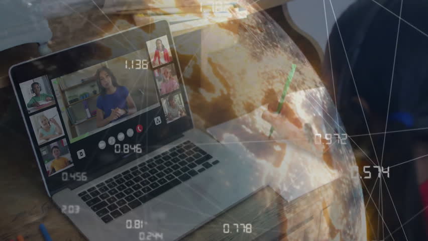 Schoolgirl positioning notebook for online lesson, writing notes while globe graphic streaming data. E-learning, remote education, digital classroom, global connectivity, virtual communication, youth, - Powered by Shutterstock - Get 15% off with code: PIKWIZARD15