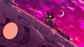 Cartoon cat standing on spaceship exterior under glowing moon with purple galactic sky. Animated space-themed scene with starry cosmic background and stylized feline character in outer space - Powered by Shutterstock - Get 15% off with code: PIKWIZARD15