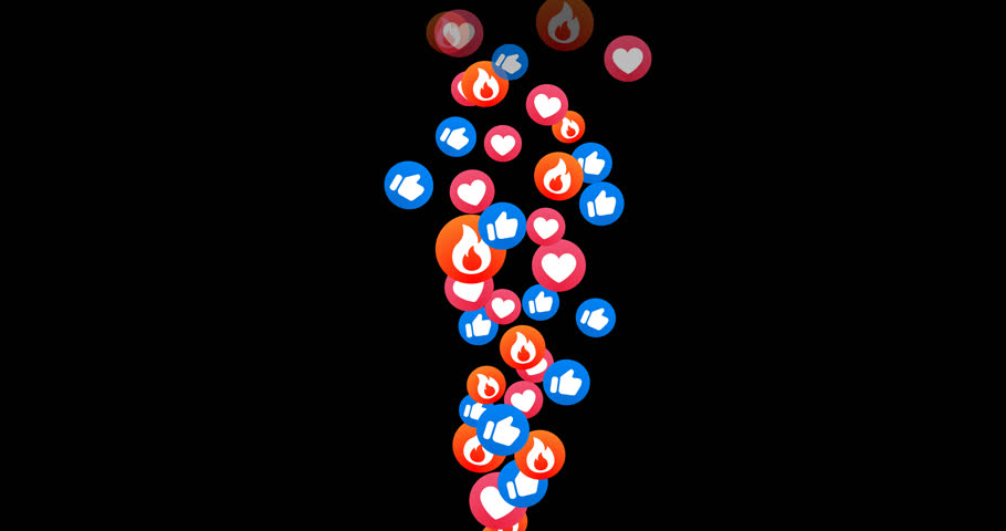 Likes fountain fly up. Stream reactions in social media. Follower like support. Love emoji motion graphic. Live streaming in reaction template. Heart, like and fire emoticon. MOV with Alpha Channel