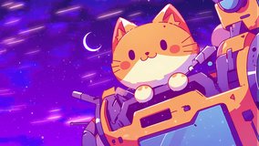 Cute animated cat piloting colorful robot with glowing eyes in outer space scene. Mecha-style animation with crescent moon and purple galactic sky. Futuristic character concept for stream overlay back - Powered by Shutterstock - Get 15% off with code: PIKWIZARD15