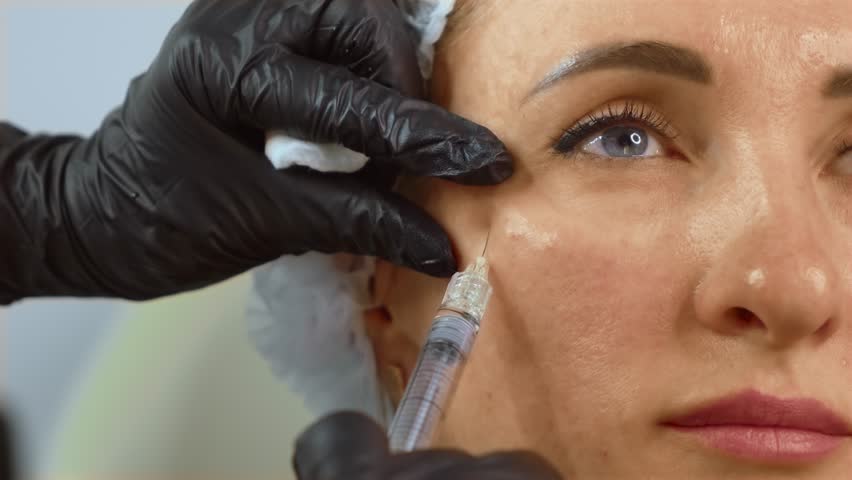 Face of woman getting beauty injection in cosmetic clinic. Female client receiving rejuvenation treatment with filler in aesthetic center. Woman undergoing anti-aging procedure with dermal injection