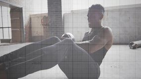 Male athlete initiating Russian twists with legs raised, syncing with fitness analytics charts. Strength, workout, analytics, training, progress, resilience, performance - Powered by Shutterstock - Get 15% off with code: PIKWIZARD15