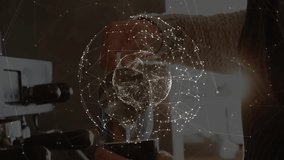 Barista starting espresso brew with network overlay appearing before inhaling and sipping coffee. Artisanal, technological, craftsmanship, modern, zen, innovation, caffeinated - Powered by Shutterstock - Get 15% off with code: PIKWIZARD15