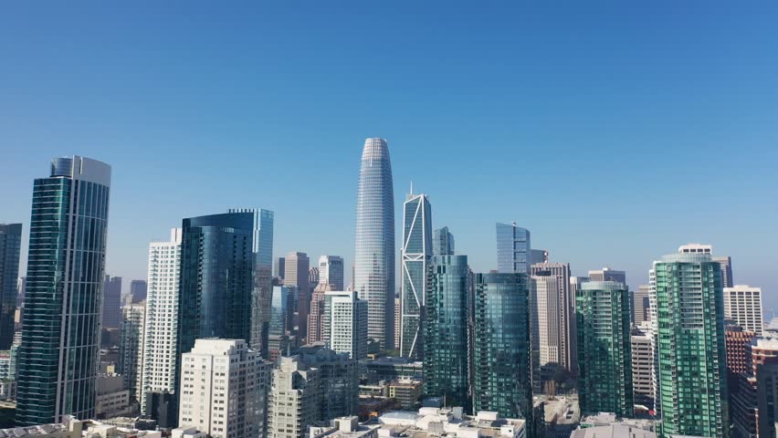 Aerial view of beautiful cityscape with modern skyscrapers and high-rise buildings, San Francisco, California, USA.