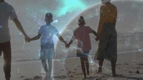 Family of four holding hands while walking on sunset beach with tech globe overlay fading, rotating. Family, unity, togetherness, serenity, connectivity, exploration, innovation - Powered by Shutterstock - Get 15% off with code: PIKWIZARD15