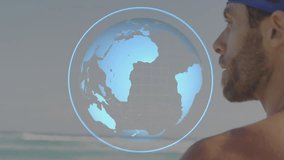 Surfer wearing goggles following rotating holographic globe appearing above waves in tech demo. Futuristic, immersive, digital, coastal, contemplative, serene, global - Powered by Shutterstock - Get 15% off with code: PIKWIZARD15