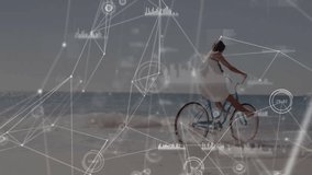 woman riding bicycle by shoreline and activating digital overlay around wheels for speed monitoring. Outdoor, travel, innovation, technology, leisure, nature, connectivity - Powered by Shutterstock - Get 15% off with code: PIKWIZARD15