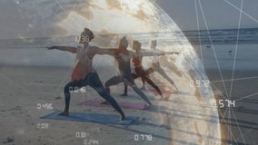 Four women stepping onto yoga mats on sandy beach activating fitness globe mapping data overlay. Fitness, wellness, mindfulness, ocean, harmony, digital, connectivity - Powered by Shutterstock - Get 15% off with code: PIKWIZARD15