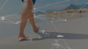 man stepping onto wet shoreline initiating technology data overlay around feet for gait tracking. Footprints, shoreline, reflection, navigation, analytics, outdoor, digital - Powered by Shutterstock - Get 15% off with code: PIKWIZARD15