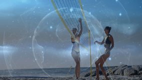 White-clad setter running under incoming ball and passing overhead with sports analytics globe. Beach, teamwork, athleticism, digital, connectivity, outdoor, activity - Powered by Shutterstock - Get 15% off with code: PIKWIZARD15