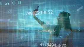 Woman holding smartphone in water at sunset forming holographic grid signaling malware detection. Technology, cybersecurity, digital, futuristic, safety, innovation, serenity - Powered by Shutterstock - Get 15% off with code: PIKWIZARD15