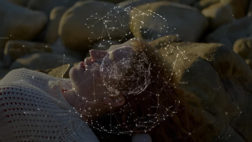Woman lying supine on pebbles at sunset and emerging data sphere pulsing violet glow around head. Technology, innovation, connectivity, futurism, serenity, mindfulness, digital art