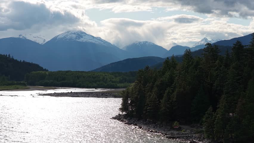 Scenic View of Mountains, River, and Trees in British Columbia