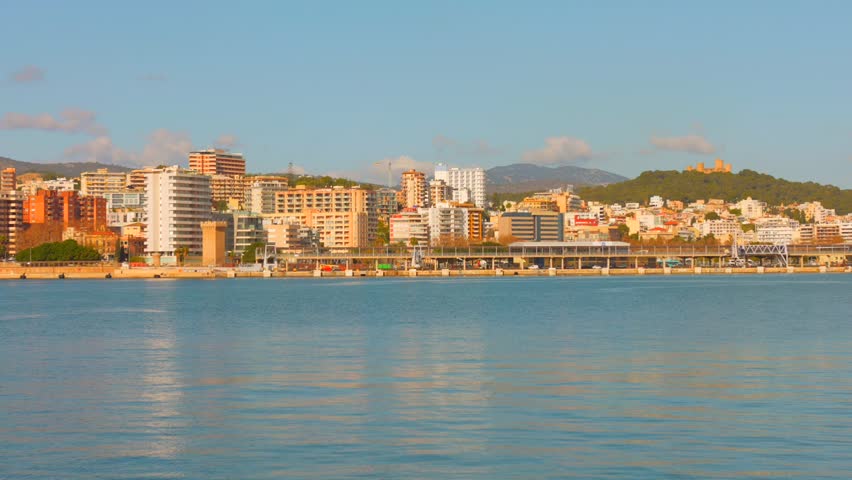 Profile view of a cityscape of Palma de Mallorca during sunset in Spain