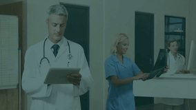 Icons emerging as team reviewing tablet, examining X-ray and typing while showing medical data flow. Healthcare, medical, diagnostics, teamwork, digital, clinical, technology - Powered by Shutterstock - Get 15% off with code: PIKWIZARD15