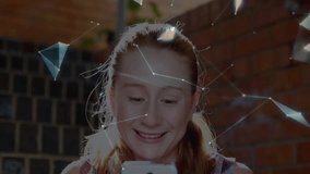 Girl raising smartphone and tapping, nodes forming into rotating globe overlay for tech exploration. Futuristic, innovation, digital, technology, interaction, holography, learning - Powered by Shutterstock - Get 15% off with code: PIKWIZARD15