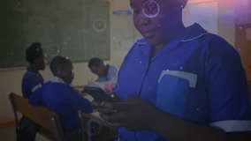 Girl pulling phone and tapping while scrolling as animated lines visualizing education data. Technology, connectivity, learning, education, innovation, digital, youthful - Powered by Shutterstock - Get 15% off with code: PIKWIZARD15