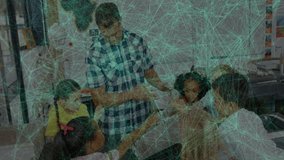 Teacher entering lab showing plastic bone to students with motion overlay mapping it onto skeleton. Educational, collaboration, classroom, discovery, scientific, interactive, vibrant - Powered by Shutterstock - Get 15% off with code: PIKWIZARD15