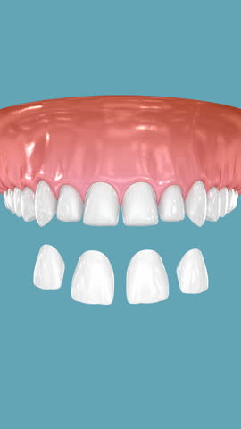 Dental veneers on blue background. 3D Animation