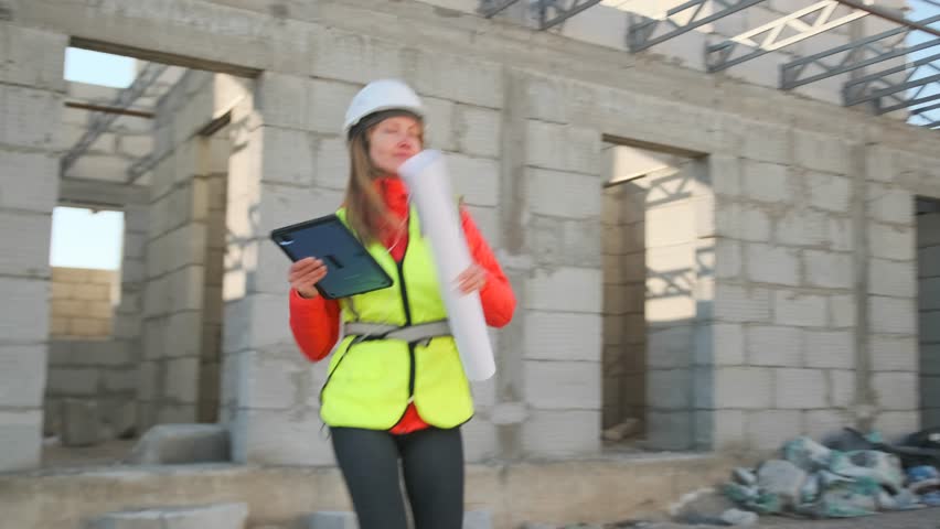 An architect in a hard hat and vest dances before a building under construction, tablet and rolled up blueprint in hand. Driven by energy, she savors a rare moment of joy amid intense project work.