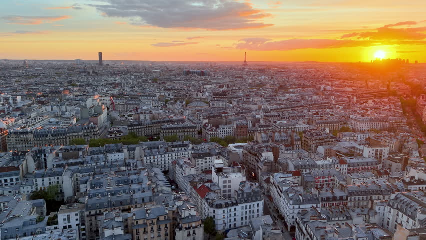 Aerial view of Tour Eiffel Tower and Seine River bridge and historical city center. Famous touristic landmark, Paris. France