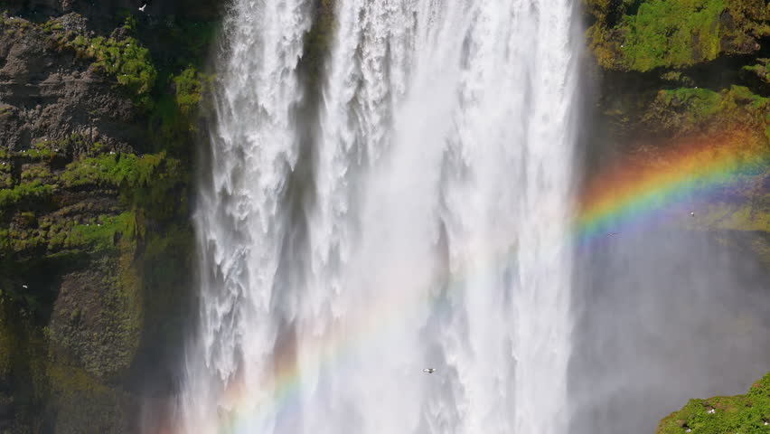 Aerial view of the stunning Skogafoss Waterfall in Iceland, complete with a rainbow view