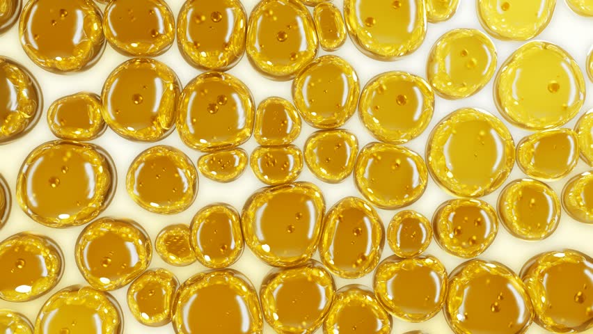 Gold yellow cosmetic collagen molecules serum with liquid bubbles. Abstract background. Moisturizing cream gel or oil for personal health care and beauty skin concept.