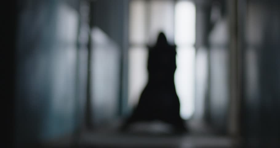 Sinister black silhouette of grim reaper death quickly approaching camera, swinging his scythe. Mysterious figure dressed in hooded black cloak running at you, creating sense of fear and anxiety.