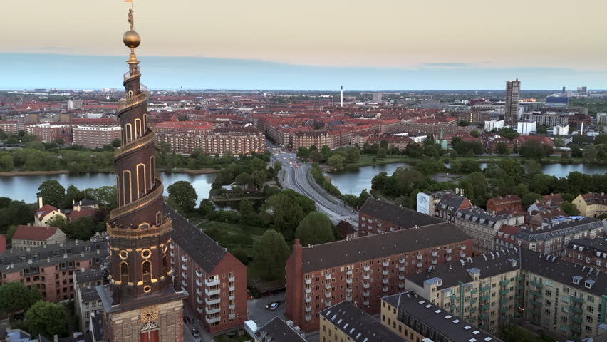 Aerial view of the historic Church of Our Saviour, a 17th-century baroque church in the Christianshavn district of Copenhagen, Denmark. 