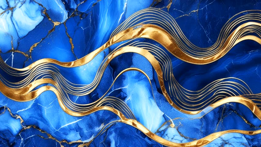 This video features a stunning abstract pattern dominated by rich cobalt blue, resembling marble or natural stone, with subtle white streaks and cracks.
