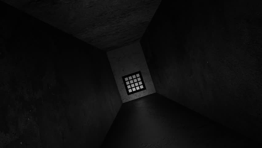 A flight down an old dark corridor with dirty walls to the prison bars. 4K.