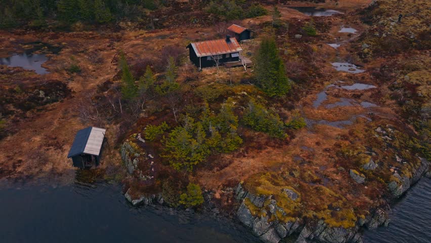 Non-urban Scene Of Houses Near Lake Swamps In Norway. Aerial Drone Shot