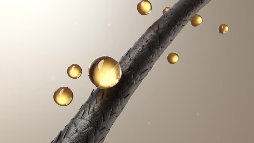 3D hair, shampoo or conditioner nourishes hair, golden essence ball repairs damaged hair, smoothes frizz, makes hair soft, shiny and smooth. Concept daily care advertisement, 3D animation.